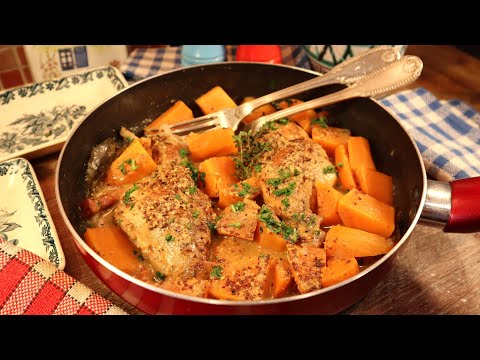 Rabbit thighs with double mustard and sweet potato