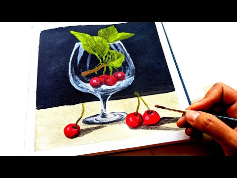 Wine Glass & Cherries | Still life - Acrylic painting for beginners