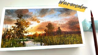 ASMR watercolor landscape painting, tranquil lakeside scenery