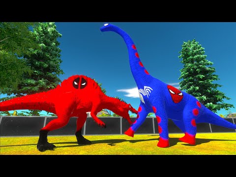 DEADPOOL SPINOSAURUS vs SPIDERMAN BRACHIOSAURUS TITAN BATTLE - Animal Revolt Battle Simulator