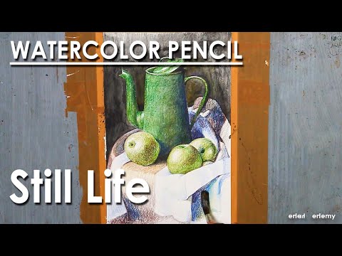 Still Life Drawing in Watercolor Pencil Jug Fruits