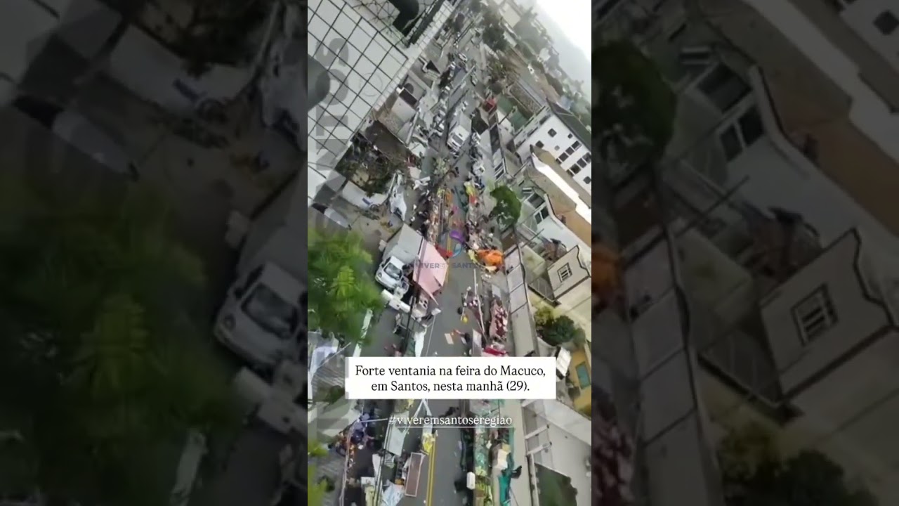 Fortes rajadas de ventos causam danos ás barracas da feira do Macuco, em Santos.