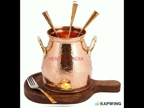 Copper table tandoor wooden base with skewers, packaging typ...
