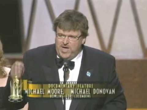 Michael Moore winning an Oscar® for "Bowling for Columbine"