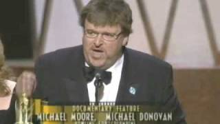 Michael Moore winning an Oscar® for "Bowling for Columbine"
