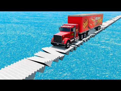 Mack Truck vs Impossible Stairs Wave Bridge Crossing Cars Vs Deep Water - BeamNG.Drive