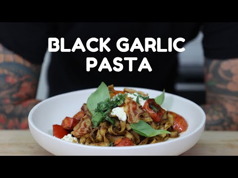 Black Garlic Linguine with Guanciale, Heirloom Tomatoes & Ricotta