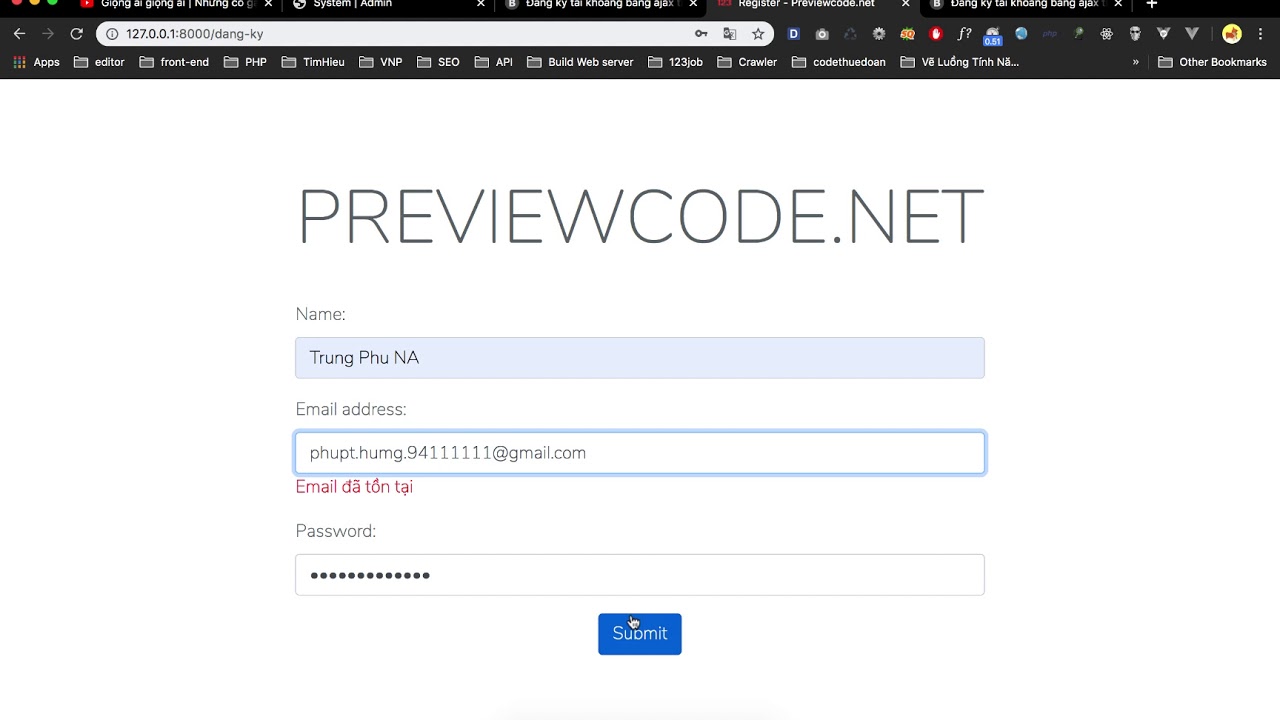 Đăng ký tài khoản bằng ajax trong laravel 6x