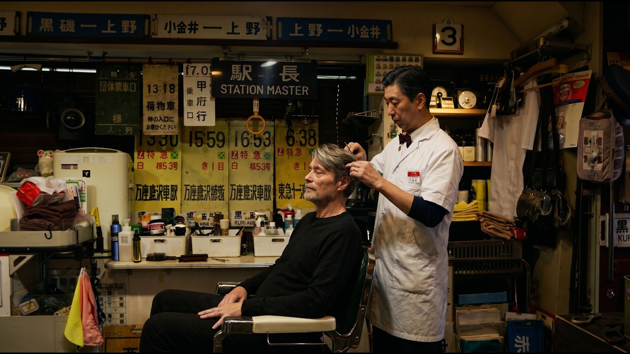 💈 Inside Japan's Incredible Train-Themed Barbershop | Scissor Haircut, Hair Wash & Massage 🇯🇵