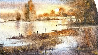Only with Great Luck, Can One Find Such Serenity  | Peaceful Sunset Lake Watercolor