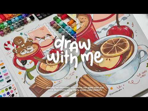 draw with me, winter food and drinks illustrations☃️🍎🍫 using acrylic markers