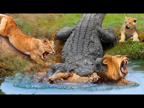 Disastrous! Giant Crocodile Bites The Male Lion's Head Off While He Trying To Protect Cubs
