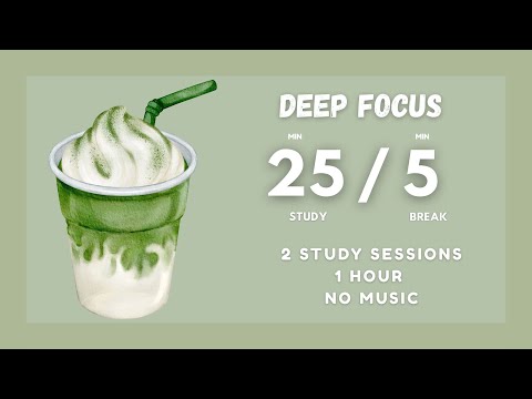 25 / 5 Pomodoro Timer - 1 hour study - No Music - Deep Focus - Study timer