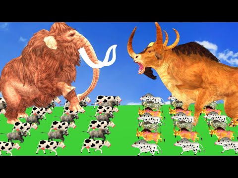 20 Giant Bull vs 20 Woolly Mammoth Rescue Cow Buffalo Ultimate Epic Battle Animal Revolt