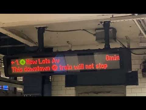 Downtown Exp 4 train to New Lots Av + Will Not Stop Between (arrival announcement)