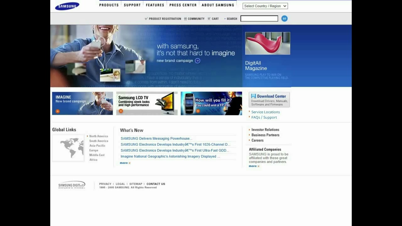 Samsung website with flash navigation in 2005