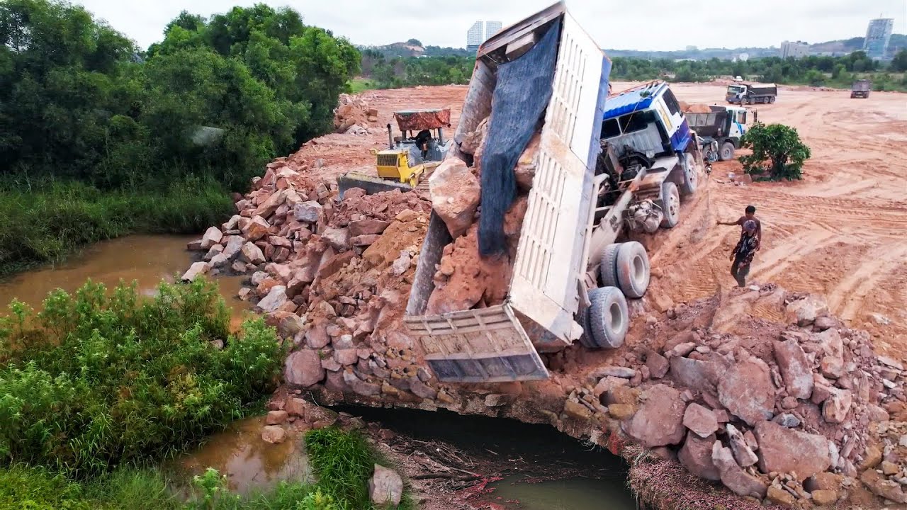 Recovery a Truck Fail Loading With Komatsu Bulldozer Pushing Stones Filling Make More Space