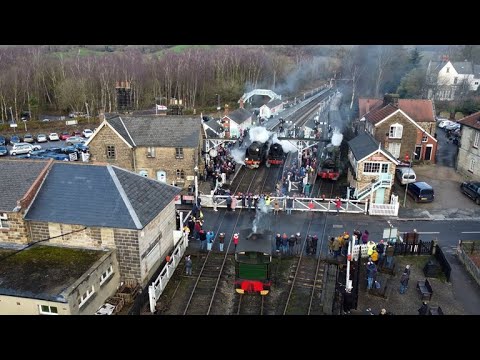 Rail 200 officially begins at NYMR with 4 loco line-up and whistle at Grosmont - 1st Jan 2025 - 4K