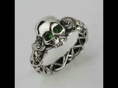 Modern sterling silver oxidized punch skulls design ring for...