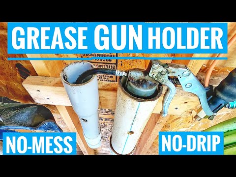 Part of a video titled Grease Gun Holder No-Drip No mess Storage solution to leaky gun