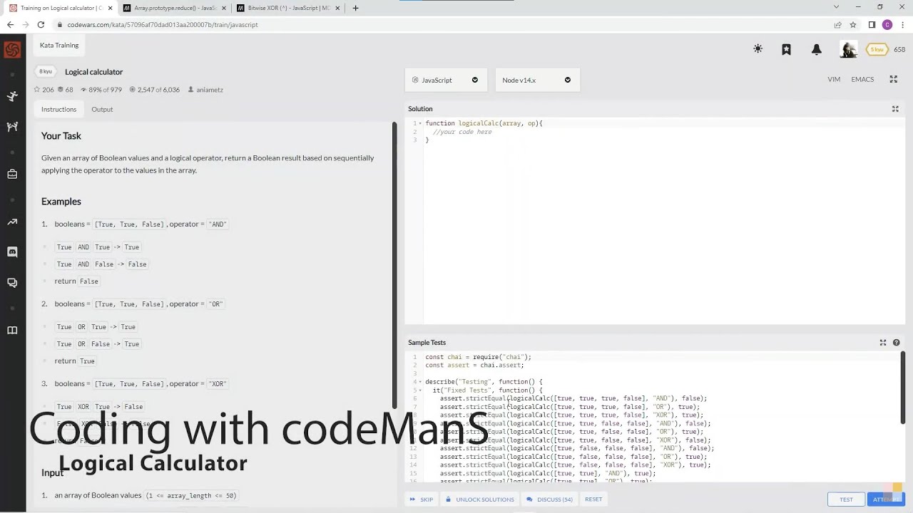 Codewars 8 kyu Logical Calculator JavaScript