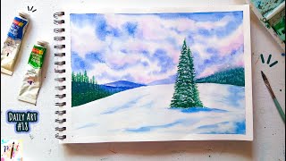 Beautiful Watercolor Frosty Winter Landscape Pine Forest Mountains Painting Step by Step / Paint It