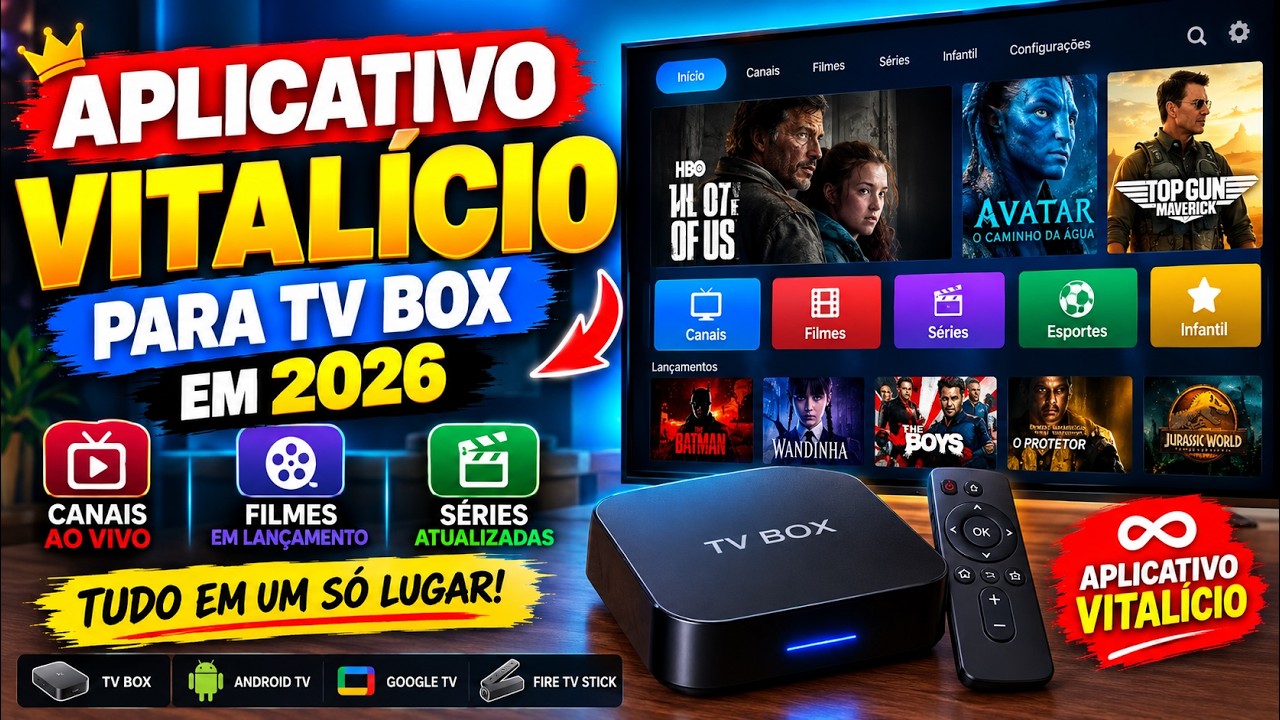 🔥 APLICATIVO VITALICIO PARA TV BOX EM 2026 - CANAIS, FILMES E SERIES - APP PARA TV BOX COMPLETO!