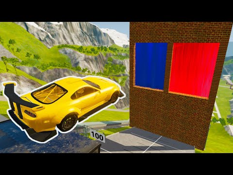 Crazy Vehicle High Speed Jumping Through Blue Slime Or Red Slime Water Wall Crashes - BeamNG drive