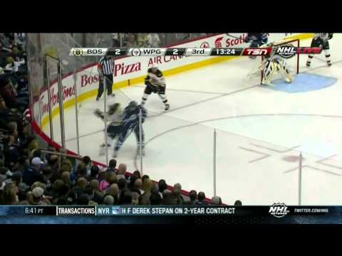 Ryan Spooner screen shot goal 2-2 Boston Bruins vs Winnipeg Jets 9/26/13 NHL Hockey