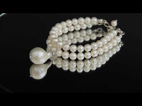 Браслет с крупным белым барочным жемчугом и подвеской Барокко Многорядный двойной браслет Ручная работа - фото 1 - id-p1418683190