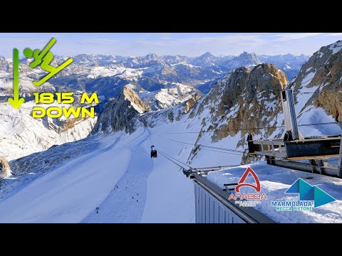 Skiing Arabba to Marmolada with one of the biggest ski rides in Europe 1815m drop, Dolomites Italy