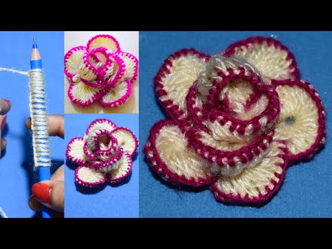Amazing Woolen Rose Making Idea with Pencil - Hand Embroidery Easy Trick - DIY Woolen Flowers