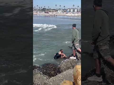 WATCH: Swim coach dives into dangerous waters to save a father and daughter #shorts #foxnews