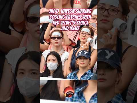 JIHYO and NAYEON sharing cooling patches with Red velvet’s SEULGI and Irene #twice #redvelvet kpop