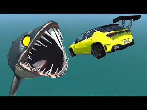 Jumping Cars into the mouth of a Mutant Fish - BeamNG.Drive