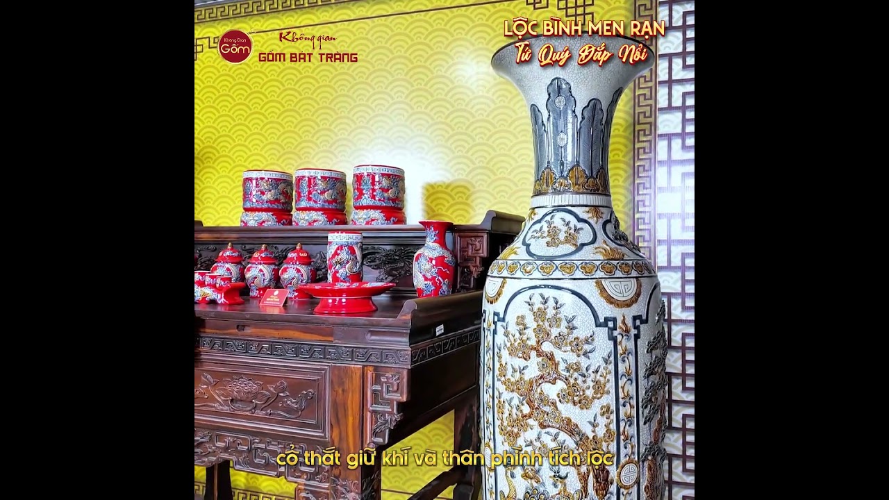 Lộc Bình 1M6 Men Rạn Họa Tiết Tứ Quý Đắp Nổi