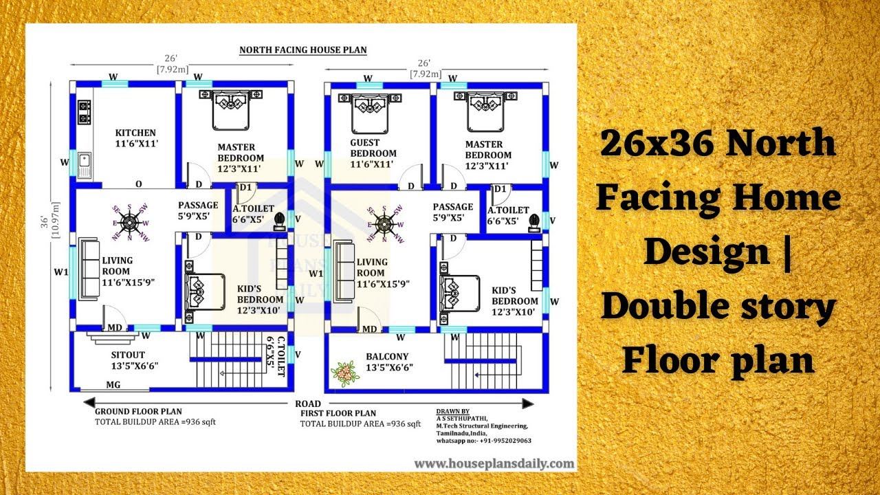 26x36 North Facing Home Design | Double Storey Floor Plan