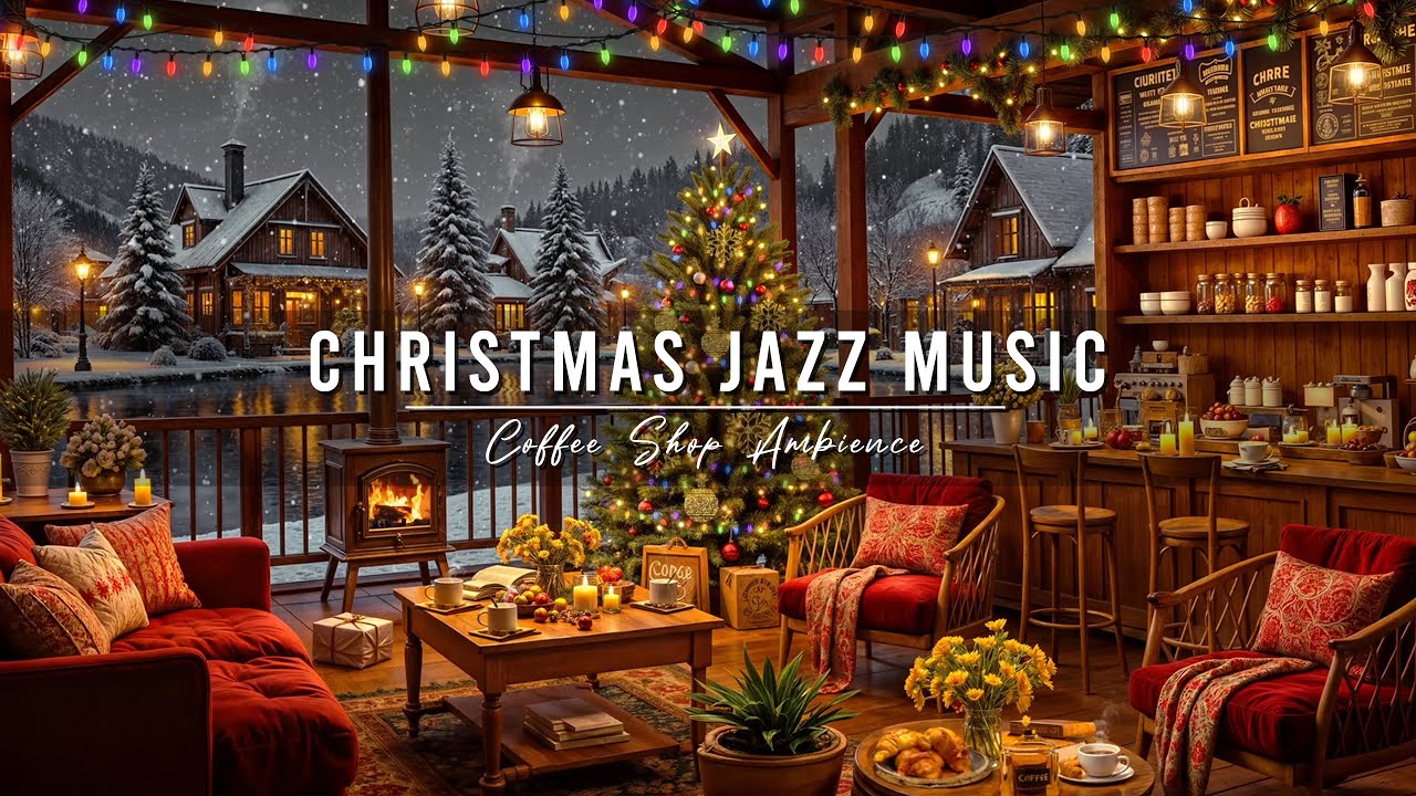 Christmas Jazz Instrumental Music & Fireplace Sounds to Relax 🎄 Cozy Christmas Coffee Shop Ambience