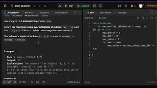 YouTube video 'Maximum Value of an Ordered Triplet I - Leetcode 2873'