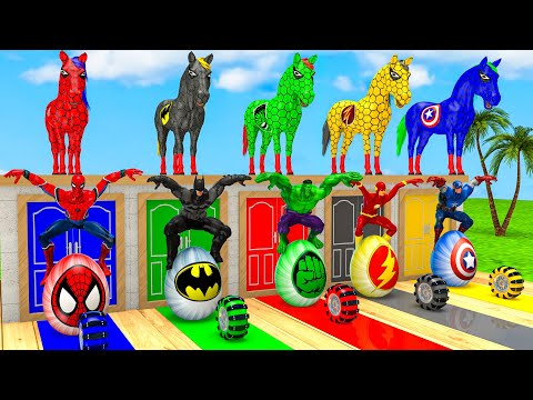 Red HORSE SPIDERMAN Crossing On RAINBOW FOUNTAIN Bridge With Horse Superheroes Rescue Animals Game