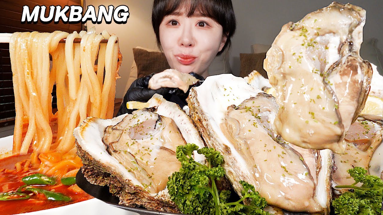 💗크림 한가득 손바닥만한 바위굴 파티🦪 화끈한 얼큰짬뽕우동🌶️ 과 먹방 Creamy Giant Raw Oyster, Spicy jjam
