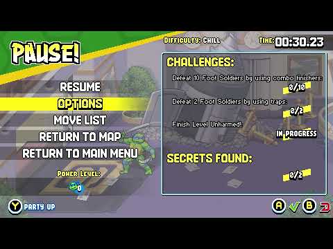 TMNT HUD showing small unlabeled bars and UI obstruction, used as a comparator for readability risk 1