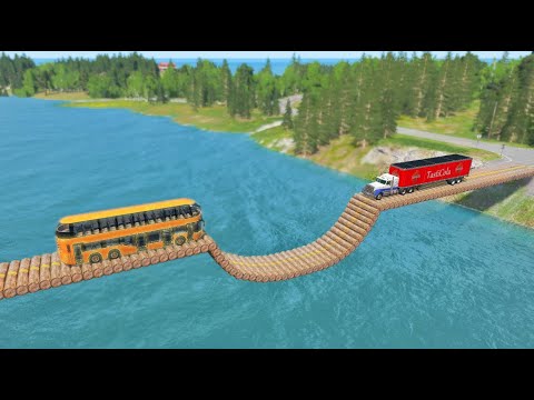Cars vs  Log Bridge and Deep Water - BeamNG.Drive