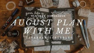 August Plan with Me I Vintage Porcelain Theme I Black Page Bujo 🖤☁