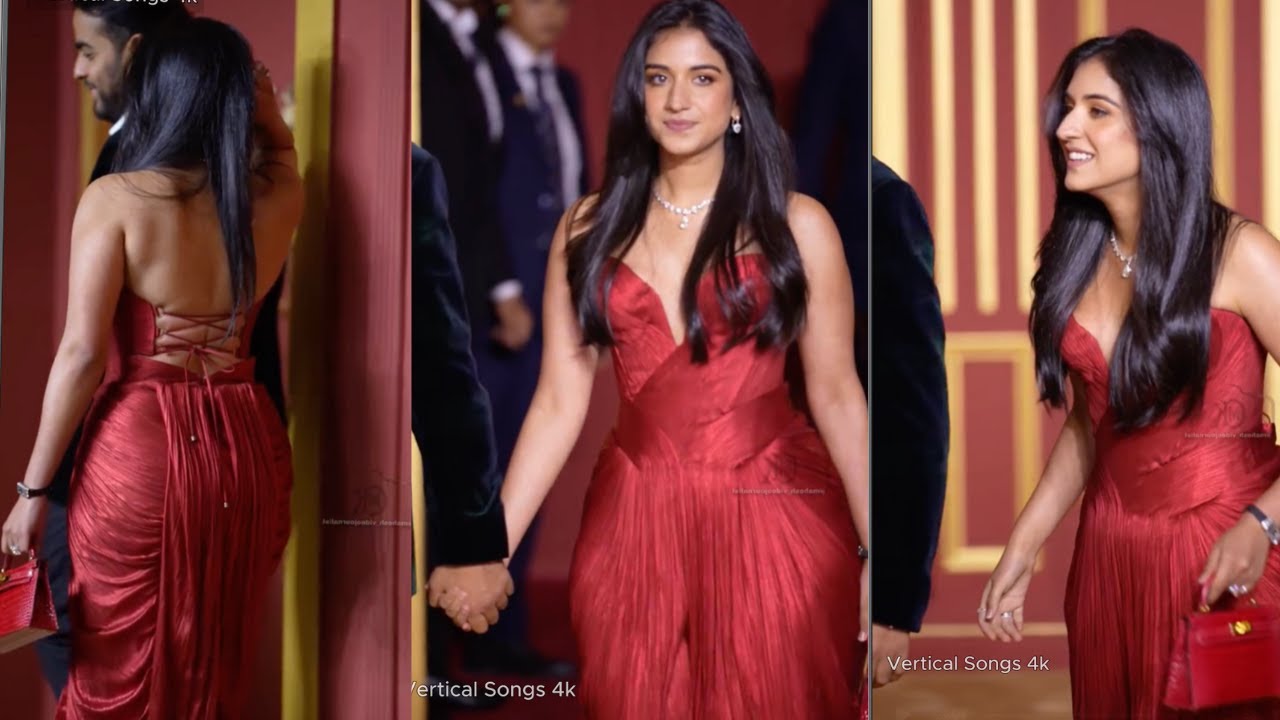 Radhika Merchant bra less in red dress