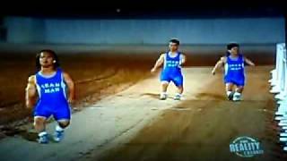 4 midgets relay race against a  camel.