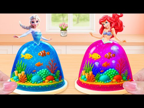 Elsa vs Ariel Ocean Jelly Cake 🐠💖 | Frozen vs Mermaid Princess Cake Challenge | Lily Little Cake