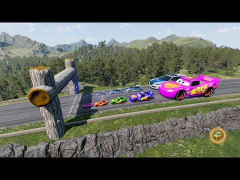 Big & Small Lightning McQueen & Police Car Vs Log Trap Downhill Race - BeamNG.drive