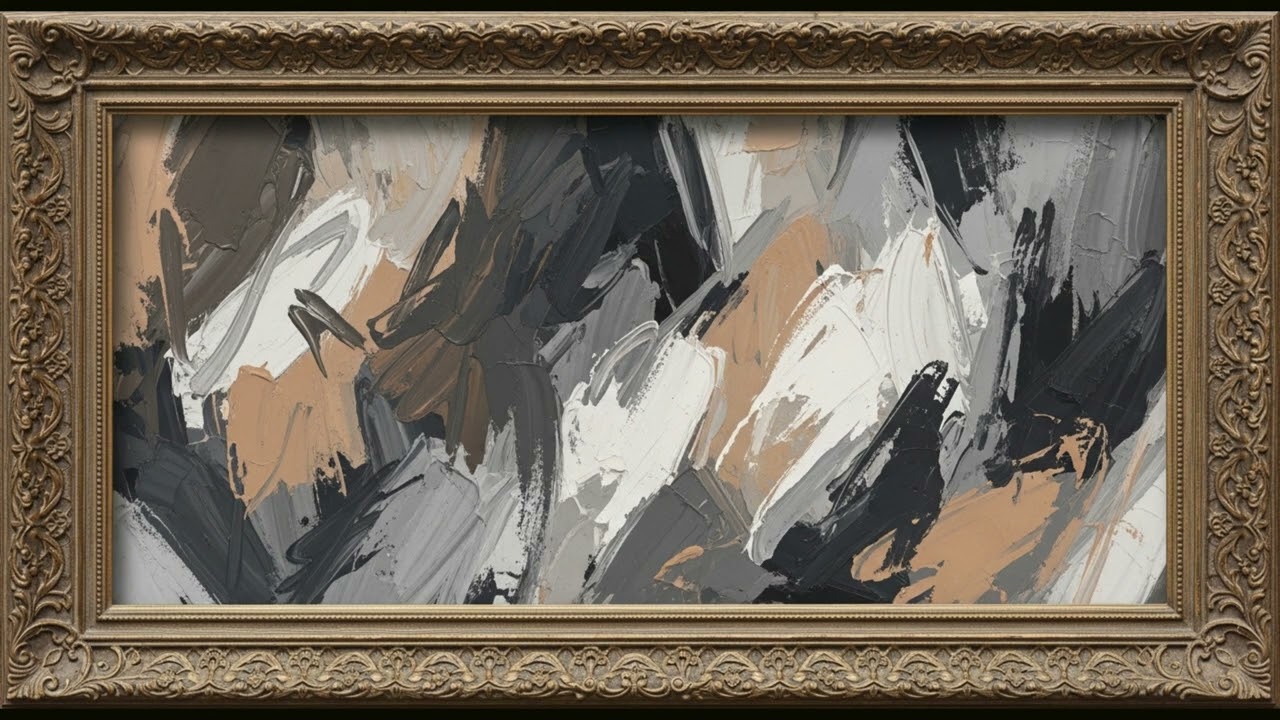 2 Hour Neutral Tone Brush Abstract Painting in Luxury Carved Frame | Minimal Elegant 4K Art