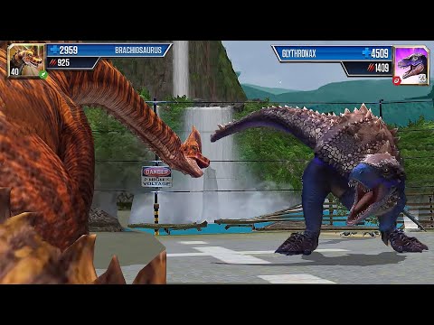 THE GIANT BRACHIOSAURUS VS GLYTHRONAX - LAND BATTLE || JURASSIC WORLD THE GAME